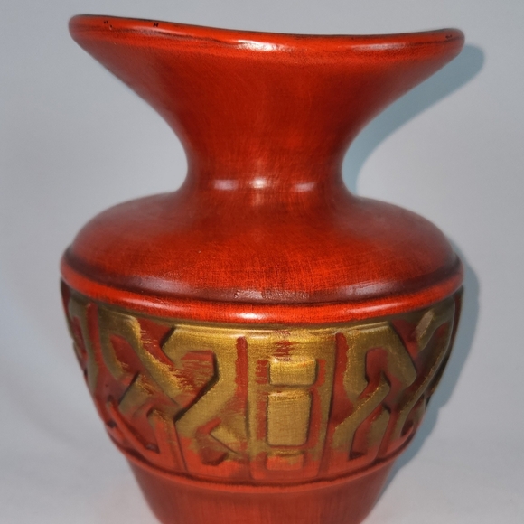 Vintage Haegar Art Pottery Ceramic Orange/Red Vase Abstract Gold Design MCM - Picture 2 of 6